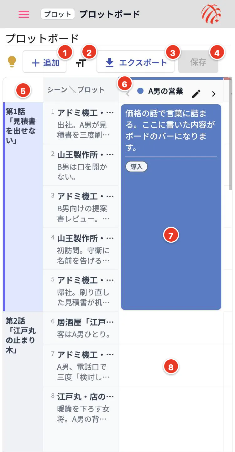 スマホのプロットボード。シーンの行と筋の列が並ぶ表