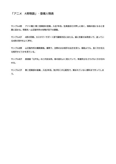 Google Docs（横書き） ― 登場人物表の書き出し例